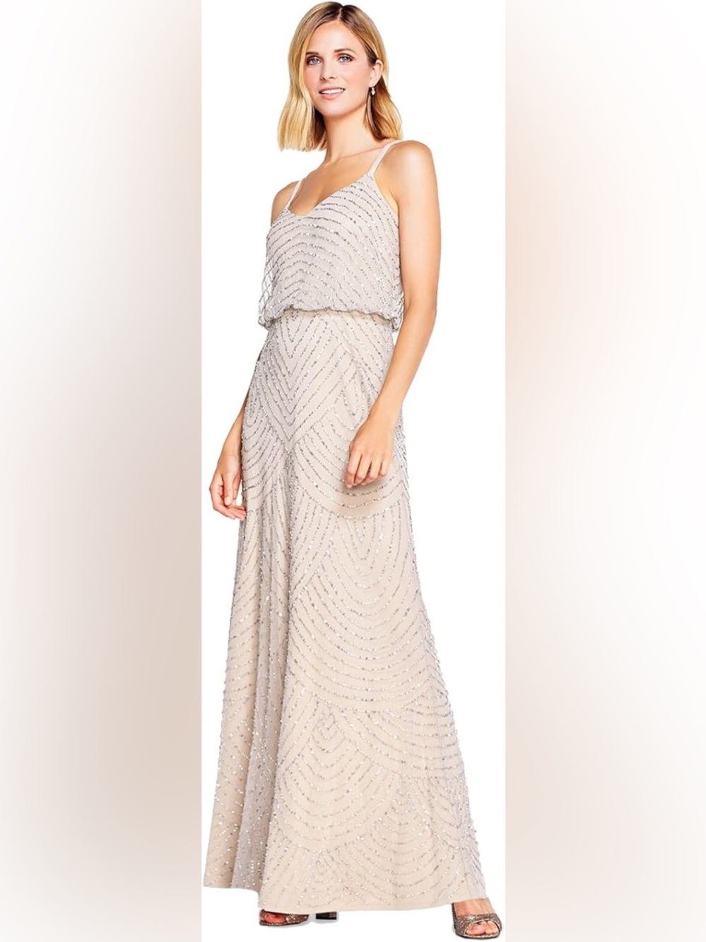 Adrianna Papell Beaded Champagne Maxi Dress